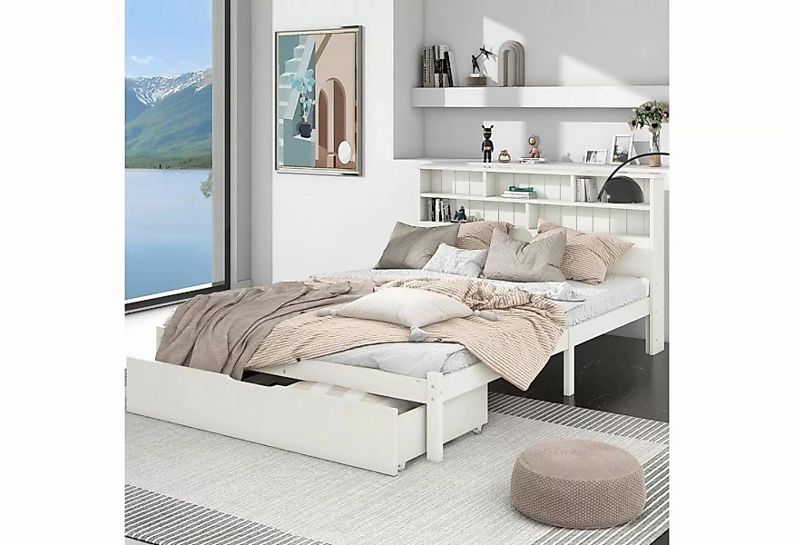 Sweiko Massivholzbett, Doppelbett mit Bücherregal, Schubladen und Lattenros günstig online kaufen