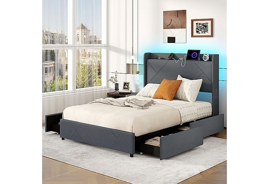 COSTWAY Polsterbett (1-tlg), Doppelbettgestell, mit Ladestation, 4 Schublad günstig online kaufen