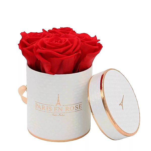 Rosenbox Ø 10 cm Weiß-Roségold Deluxe mit 4 Roten Rosen günstig online kaufen