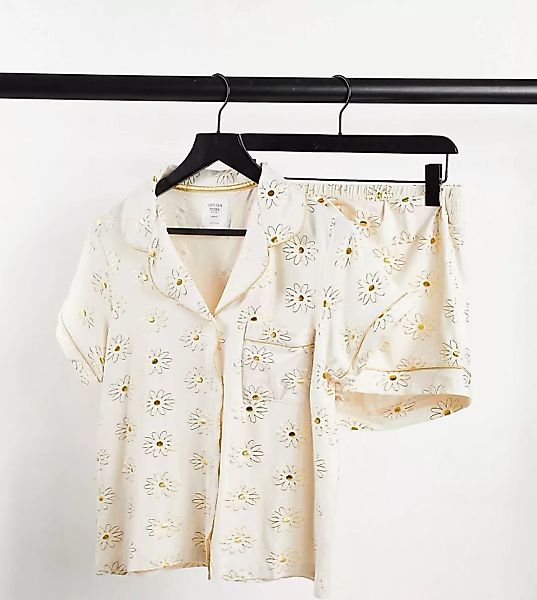 Chelsea Peers Petite – Pyjama in Cremeweiß mit goldfarbenem Gänseblümchen-F günstig online kaufen