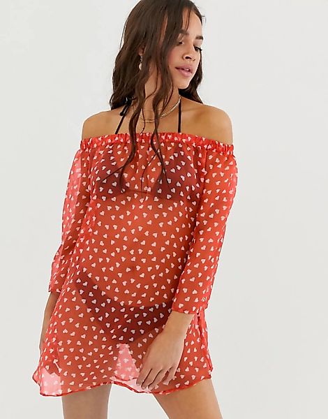 Brave Soul – Strandkleid mit Carmen-Ausschnitt und Herzmotiv-Rot günstig online kaufen