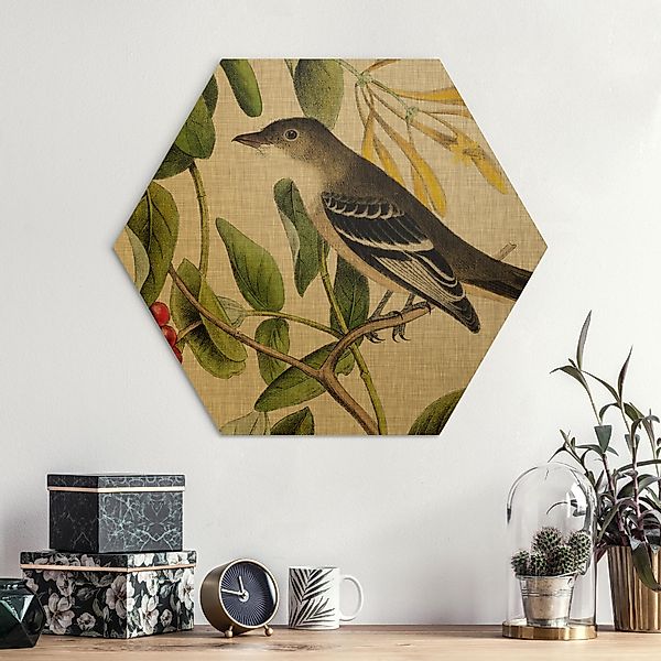 Hexagon-Alu-Dibond Bild Vogel auf Leinen Gelb II günstig online kaufen