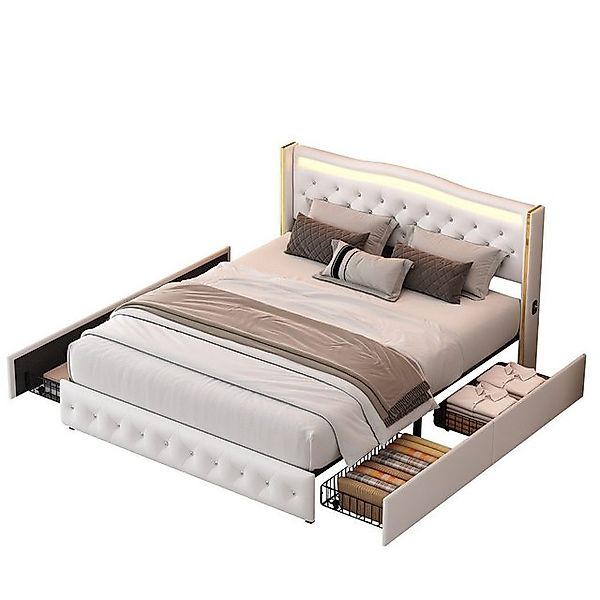 FUROKOY Polsterbett mit Stauraum, Beleuchtung, USB Ladefunktion und 4 Schub günstig online kaufen