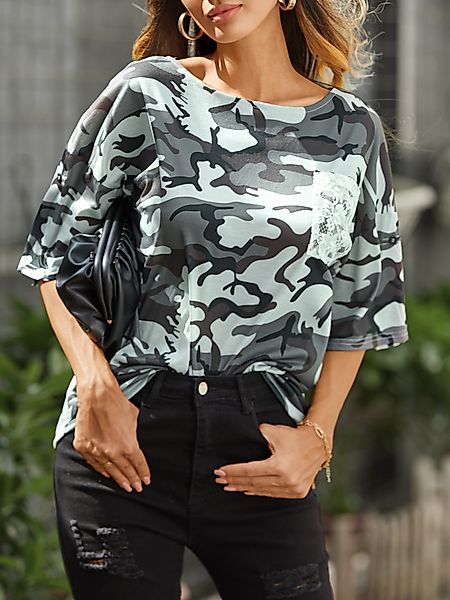 YOINS Army Green Camo Lace Pocket Design Rundhalsausschnitt Kurzarm T-Shirt günstig online kaufen