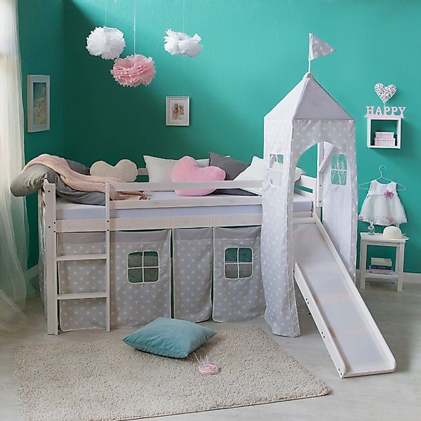 Homestyle4u Hochbett 90x200 mit Vorhang Rutsche und Turm in Weiß Sterne 188 günstig online kaufen