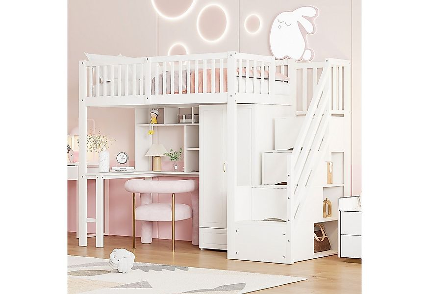 Flieks Hochbett Etagenbett 90x200cm mit Kleiderschrank, Treppe, Schreibtisc günstig online kaufen