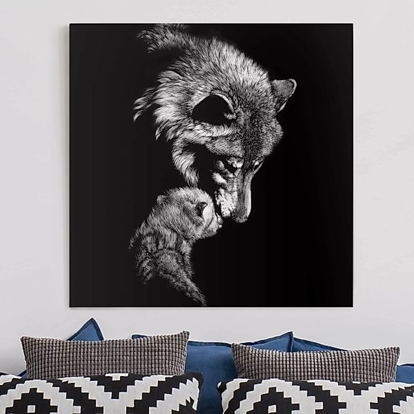 Leinwandbild - Quadrat Wolf vor Schwarz günstig online kaufen