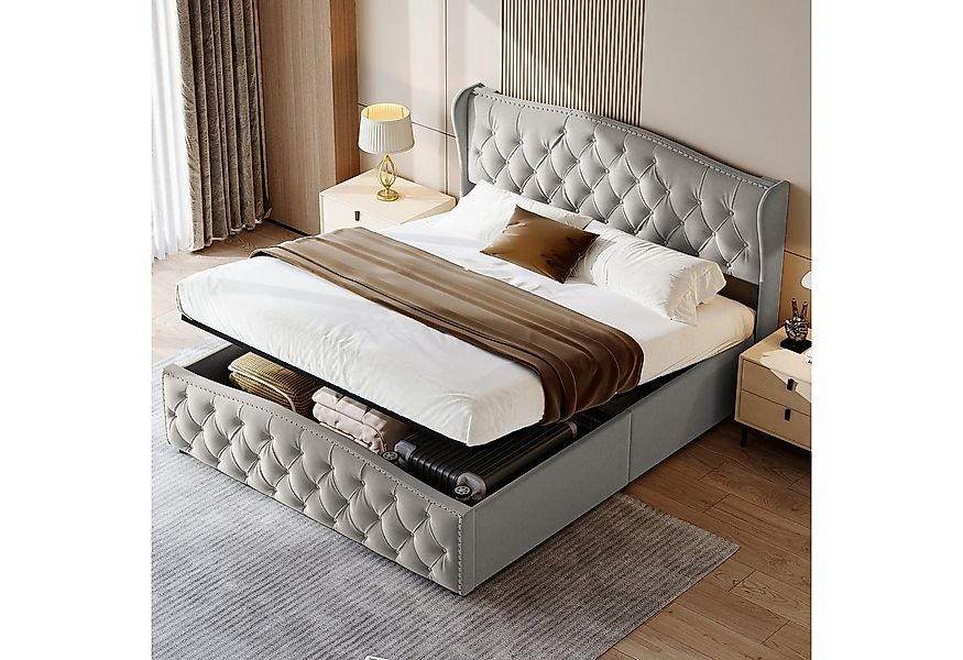 FUROKOY Polsterbett Doppelbett Stauraumbett Hydraulisch anhebbarer mit Gepo günstig online kaufen