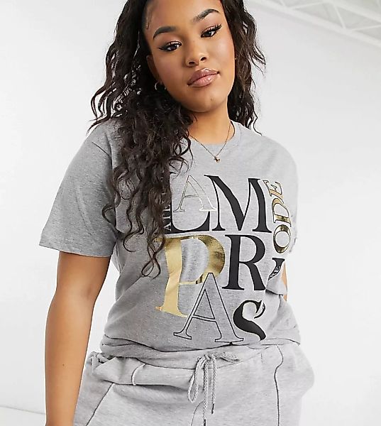 River Island Plus – T-Shirt in Grau mit Paris-Schriftzug-Weiß günstig online kaufen