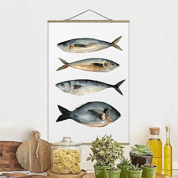 Stoffbild Tiere mit Posterleisten - Hochformat Vier Fische in Aquarell I günstig online kaufen