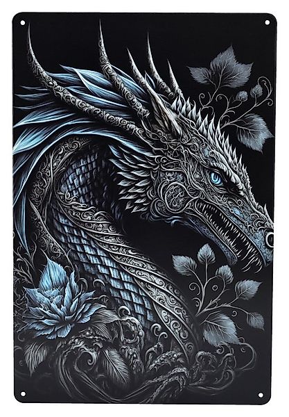 Figuren Shop GmbH Metallschild Blechschild - Blauer Rosen Drache - Fantasy günstig online kaufen