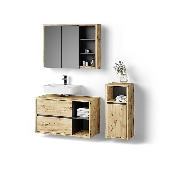 Livinity® Badmöbel-Set Vomano, Braun/Anthrazit, 3 Teile, günstig online kaufen