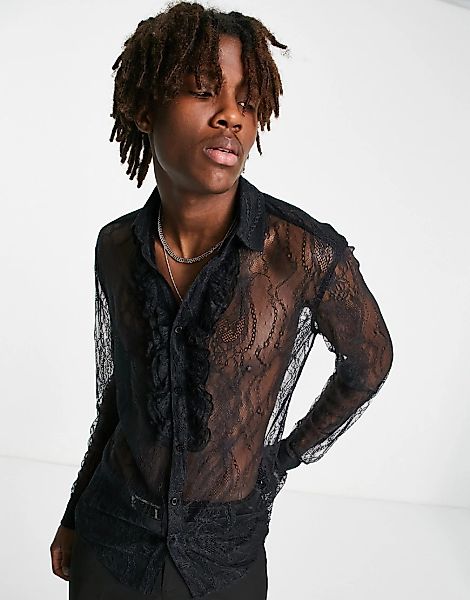 ASOS DESIGN – Schmal geschnittenes Hemd aus Spitze in Schwarz mit Rüsche vo günstig online kaufen