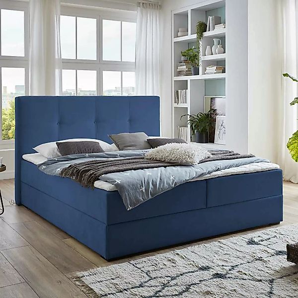 Stauraum Polsterbett in Blau Webstoff 118 cm hoch günstig online kaufen