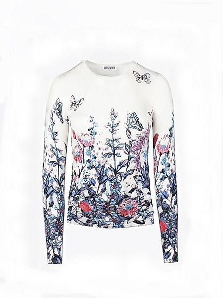 Passioni Strickpullover in weiß mit Blumen und Schmetterlingsmuster günstig online kaufen